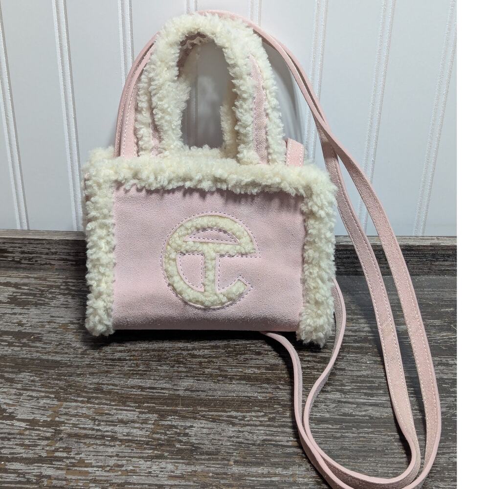 Telfar UGG Pink Cream Sherpa Suede Mini Shopper Crossbody Bag